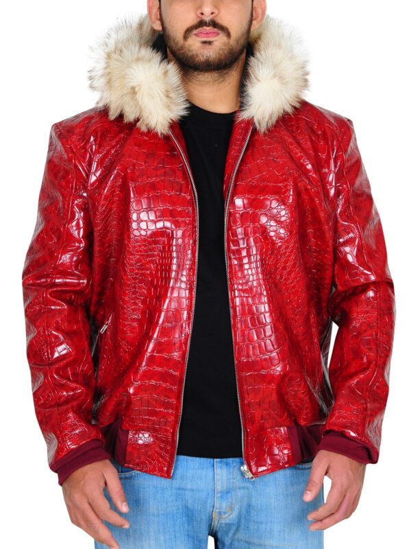 Mens Red Crocodile Shearling Leather Jacket