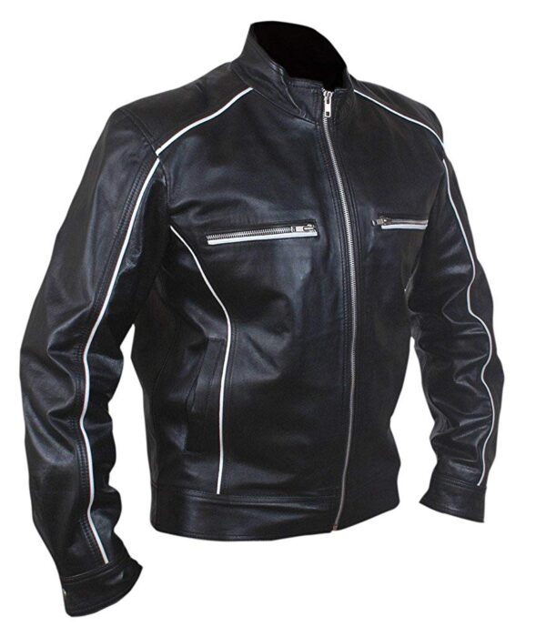 Mens Retro White Pipings Cafe Racer Tron Genuine Leather Jacket