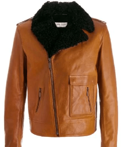 Mens Shearling Trim Brown Leather Jacket