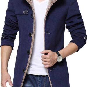 Men's Single Breasted Shearling Blue Wool Jacket