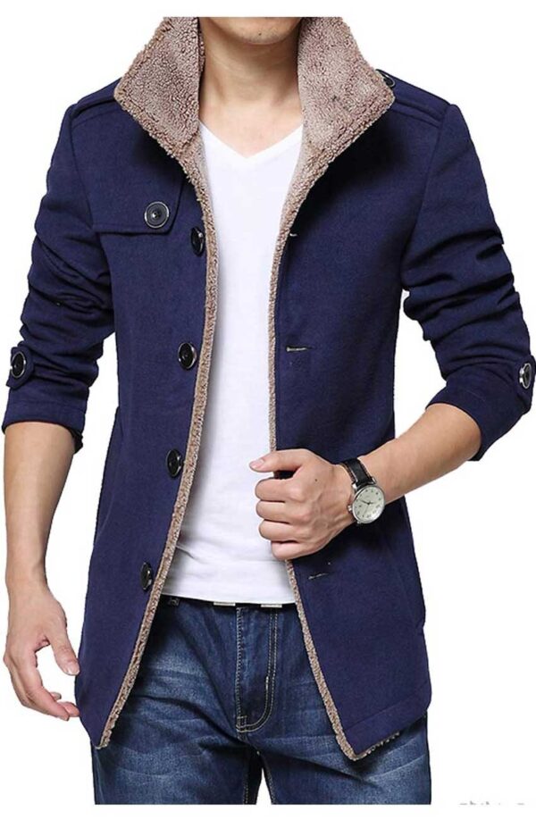 Men's Single Breasted Shearling Blue Wool Jacket
