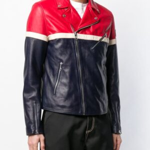 Mens Navy Red And White Lambskin Contrast Panels Leather Jacket