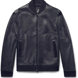 Navy Suede Bomber Trimmed Leather Jacket