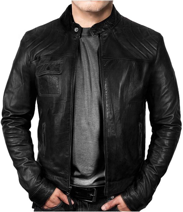 New Mens Cafe Racer Black Leather Jacket