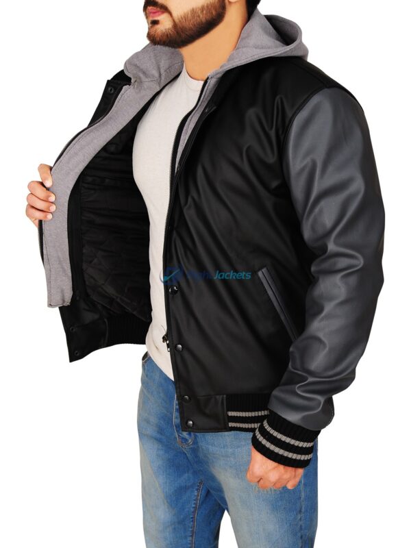 Obey Varsity Black And Grey Hoodie Leather Jacket 3