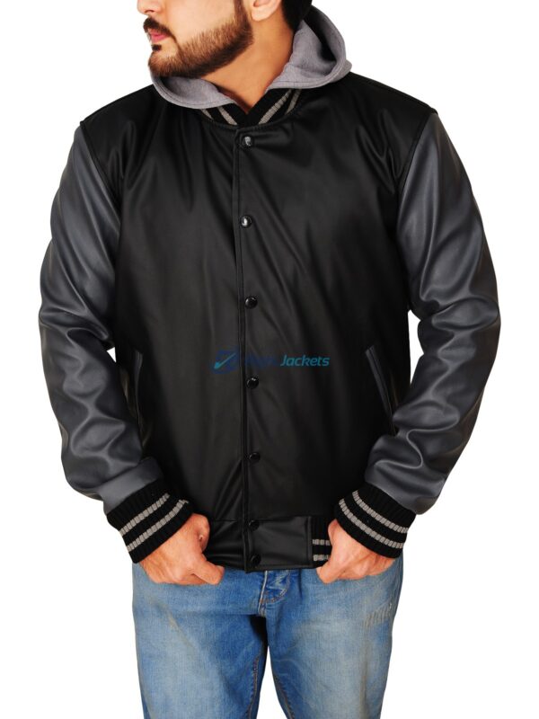 Obey Varsity Black And Grey Hoodie Leather Jacket 1