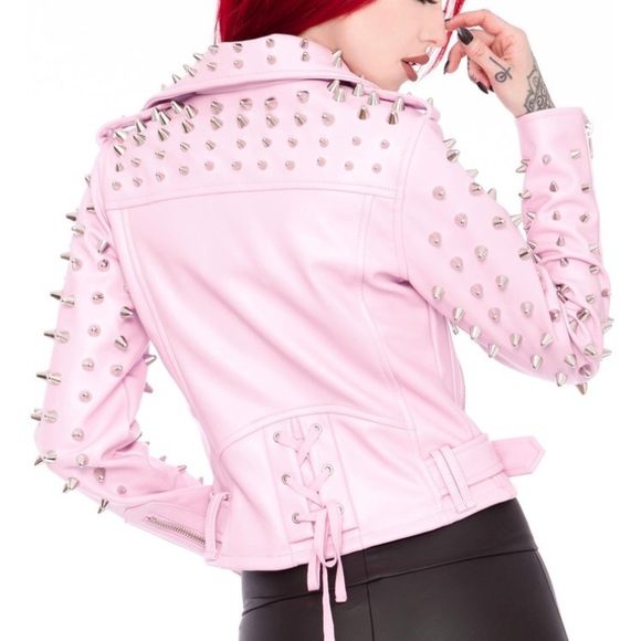 Pink Studded Vegan Leather Jacket