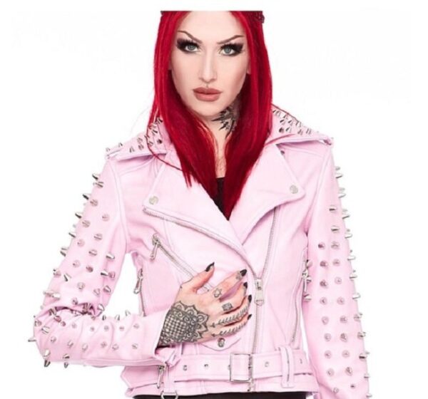 Pink Studded Vegans Leather Jacket