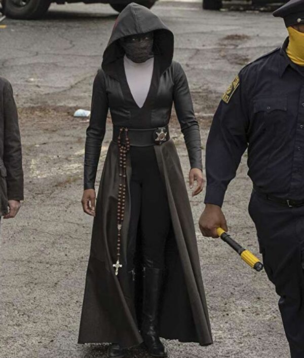 Regina King Black Leather Angela Abar Watchmen Trench Coat With Hoods