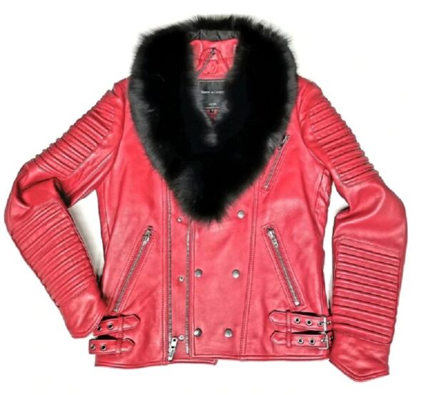 Ribbed Arm Red Motorcycle Jacket With Fur Collar