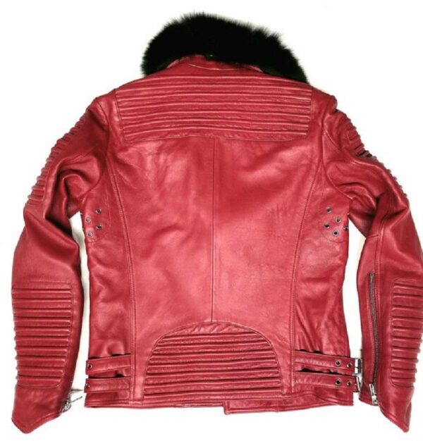 Ribbed Arm Red Motorcycle Jackets With Fur Collar