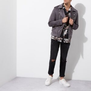 River Island Grey Faux Suede Biker Jicket