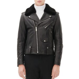 Sandro Shearling Biker Black Leather Jacket