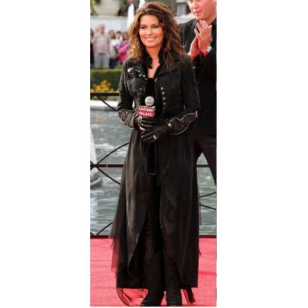 Shania Twain Black Long Leather trench Coat