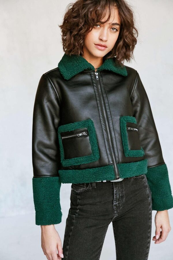 Silence + Noise Women's Green Opia Vegan Sherpa Leather Jacket