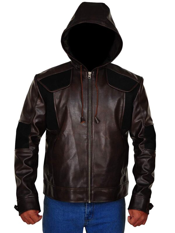 Solid Hooded Brown Real Leather with Net Fabric Biker Style Jacket
