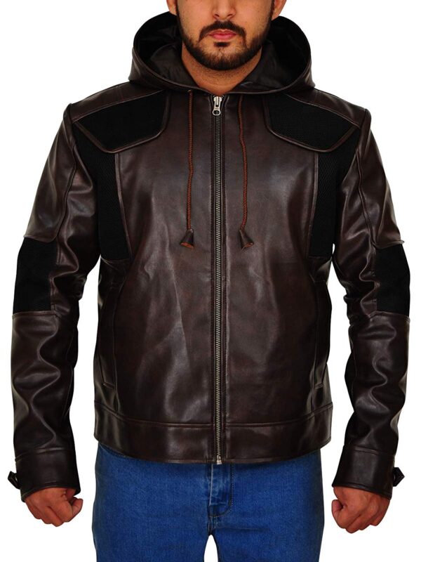 Solid Hooded Brown Real Leather with Net Fabric Bikers Style Jacket