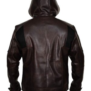 Solid Hooded Brown Real Leather With Net Fabric Bikers Style Jacket
