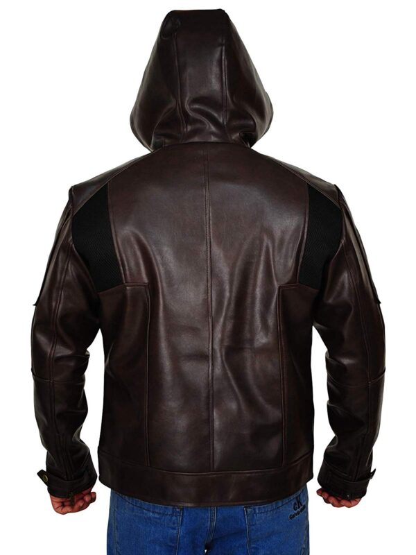 Solid Hooded Brown Real Leather with Net Fabrics Biker Style Jacket