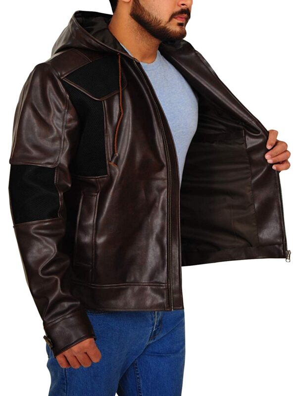 Solid Hooded Brown Real Leather with Net Fabrics Bikers Style Jacket