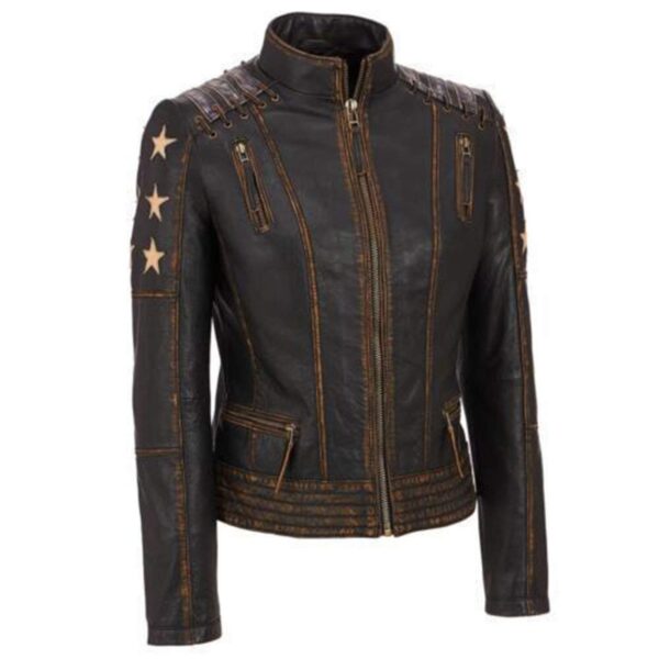 Stars Biker Café Racer Distressed Leather Brown Moto Jacket