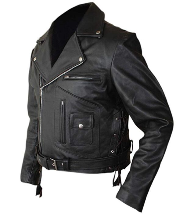 Terminator 2 Arnold Genuine Black Leather Jacket side