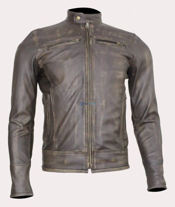 Triple Stitch Beltless Distressed Brown Leather Bomber Jacket