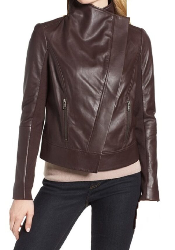 Trouve Drape Front Brown Leather Jacket