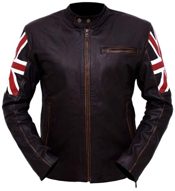 UK Flag Slim Fit Distressed Brown Leather Jacket