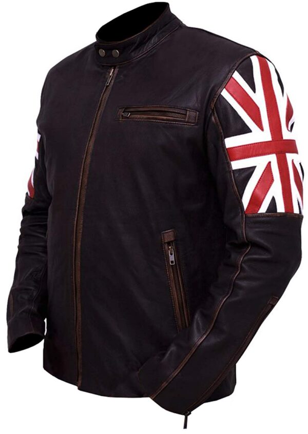 UK Flag Slim Fit Distressed Brown Leather Jackit