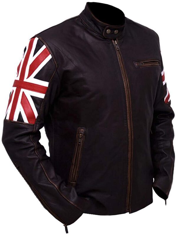 UK Flag Slim Fit Distressed Brown Leather Jicket