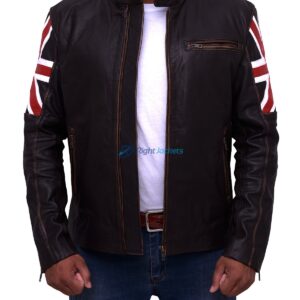 UK Flag Vintage Distressed Brown Leather Jacket