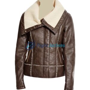 Vegan Leather Jacket With Sherpa Collar in Brown