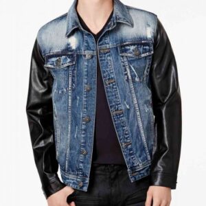 Vintage Blue Denim Jacket Faux Leather Sleeves