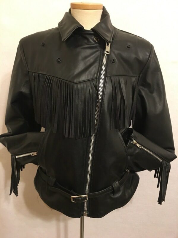 Vintage Steer Brand Black Leather Fringe Biker Western Jacket.
