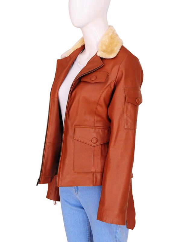 Women Fashion Fur Collar Tan Brown Biker Lambskin Leather Jacket