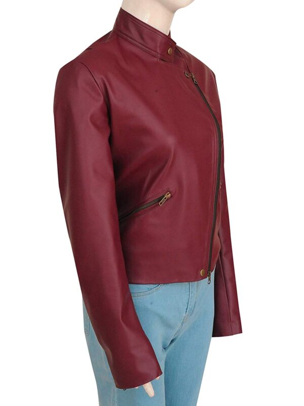 Women Fashions Stylish Zipper Maroon Leather Brando Biker Jacket Side