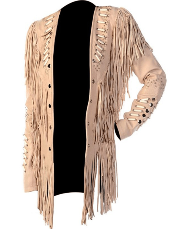 Women Western with Fringes Beads and Bones Brown Suede Leather Jacket