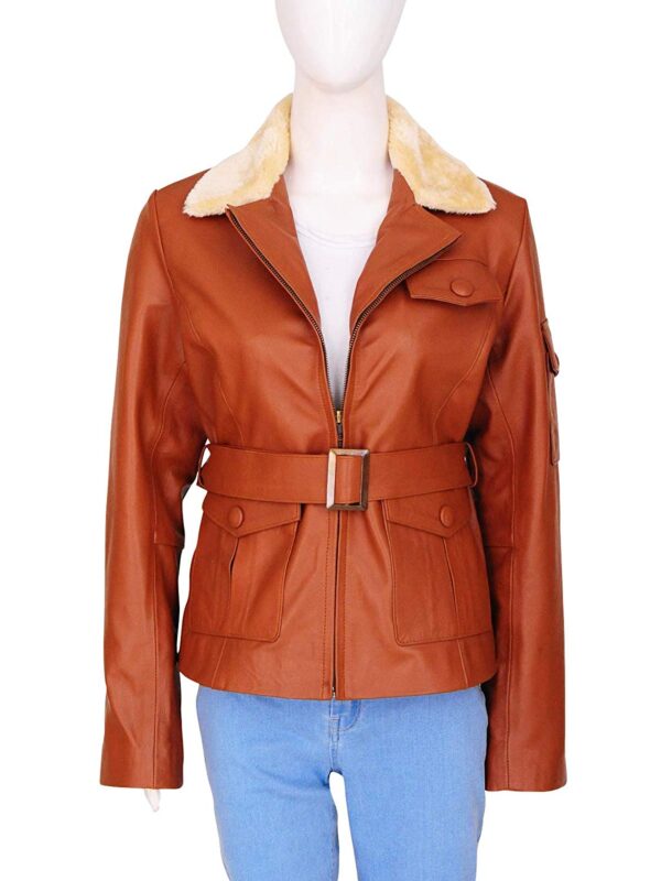 Womens Fashion Fur Collar Tan Brown Biker Lambskin Leather Jacket