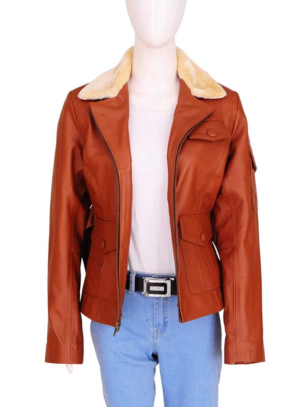Womens Fashion Fur Collar Tan Brown Biker Lambskin Leather Jackets