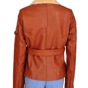 Womens Fashion Fur Collar Tan Brown Biker Lambskin Leather Jacket