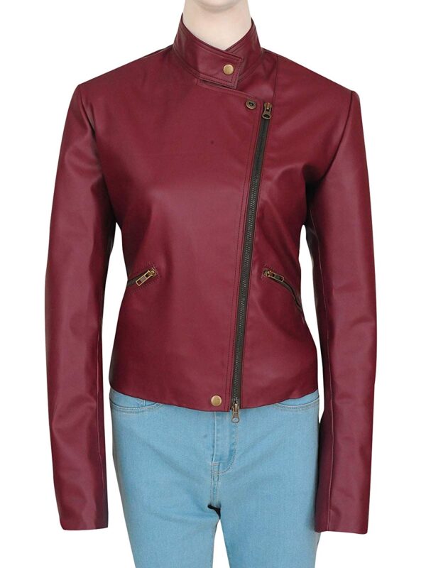 Womens Fashion Stylish Zipper Maroon Leather Brando Biker Jacket Front