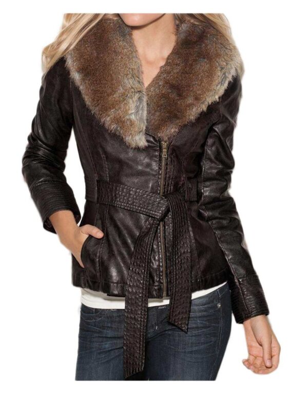 Womens Faux Fur Collar Brown Leather Jacket
