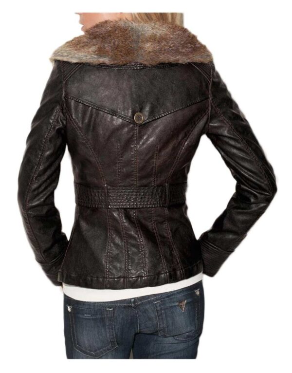 Womens Faux Fur Collar Brown Leather Jackets