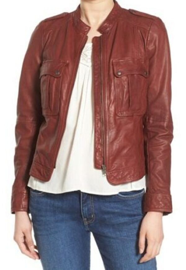 Womens Hinge Patch Whiskey Brown Leather Jacket