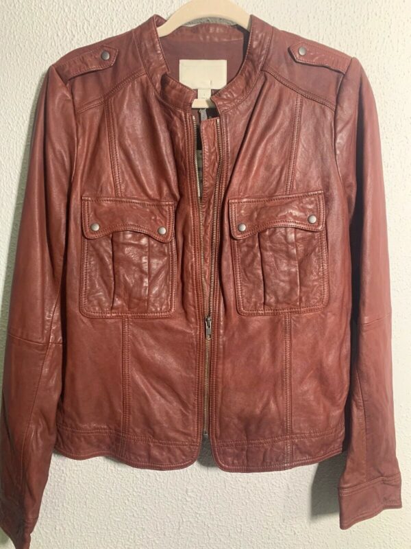 Womens Hinge Patchs Whiskey Brown Leather Jacket