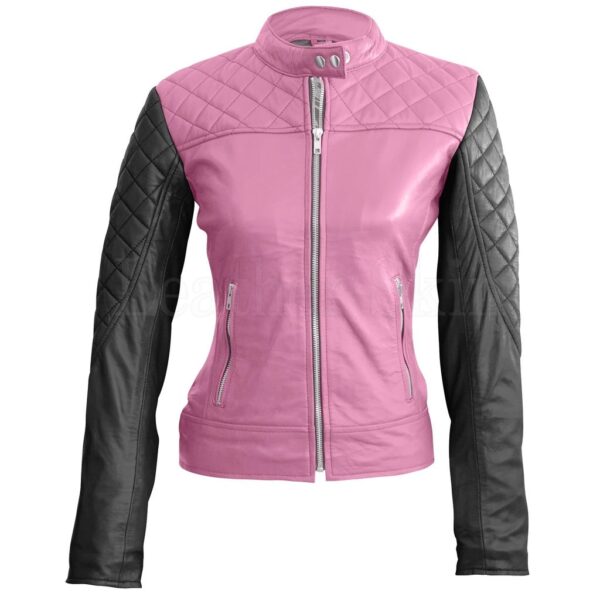 Womens Pink With Black Sleeves Shoulder Quilted Genuine Leather Jacket