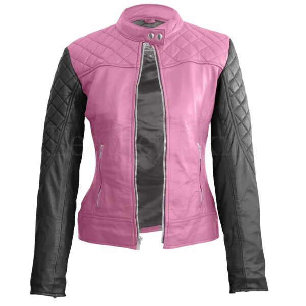 Womens Pink With Black Sleeves Shoulders Quilted Genuine Leather Jacket