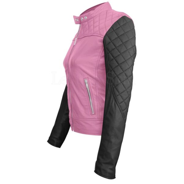 Womens Pinks With Black Sleeves Shoulder Quilted Genuine Leather Jacket