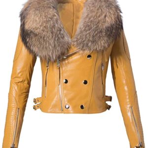 Womens Real Leather Moto Jacket with Big Raccoon Fur Collar